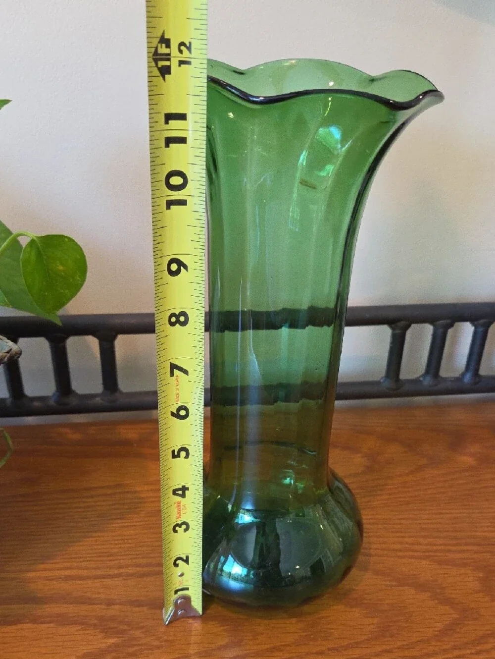 Vtg Green Glass Fluted Vase - Approx 11 3/4